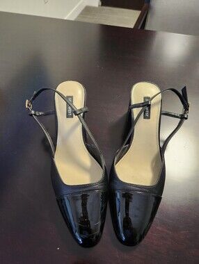 Nine West Black Patent Slingback Flats with Cap-Toe